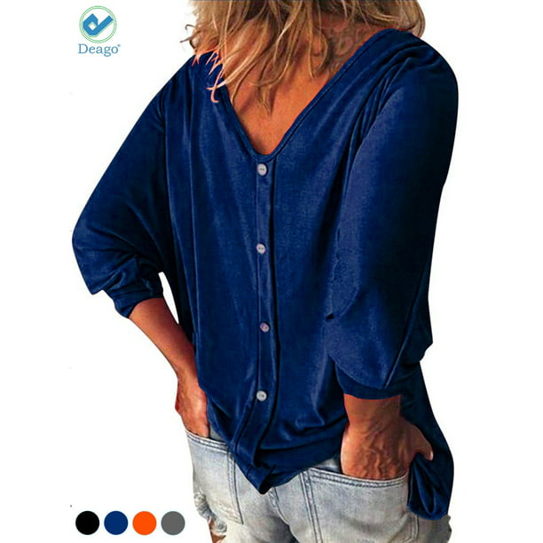 Zantt Women Buttons Trim Casual Long Sleeve V-Neck Slim Fit T-Shirt Blouse Top 